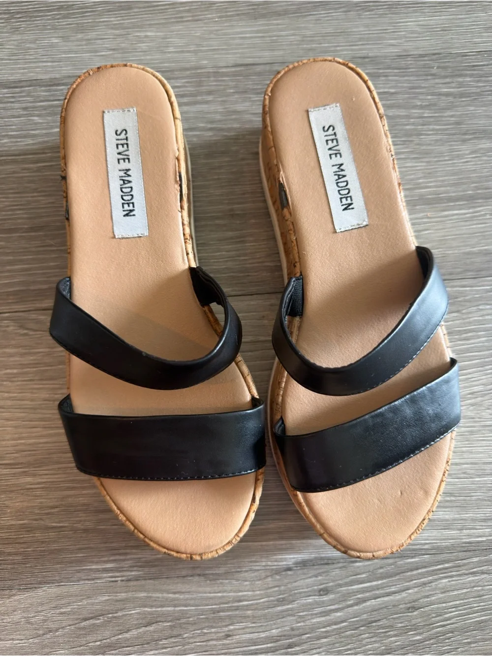Steve Madden Black Double-Strap Cork Platform Slides